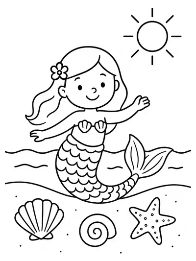 Easy coloring page of a mermaid swimming at the beach with seashells and starfish.