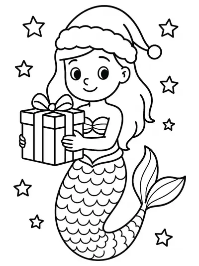 Easy coloring page of a mermaid in a Santa hat holding a wrapped present with stars around.