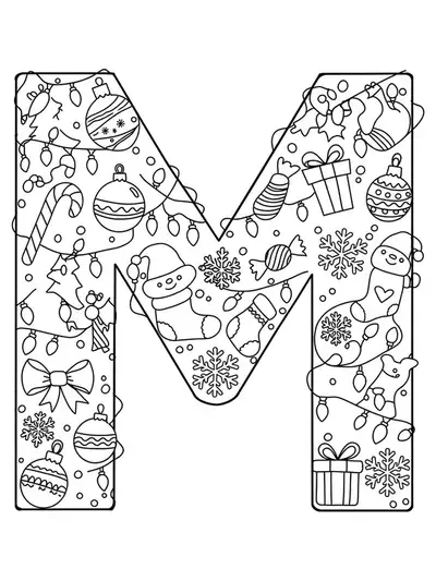 Intricate line art of a large letter M decorated with Christmas ornaments, snowflakes, and holiday elements, highly detailed.