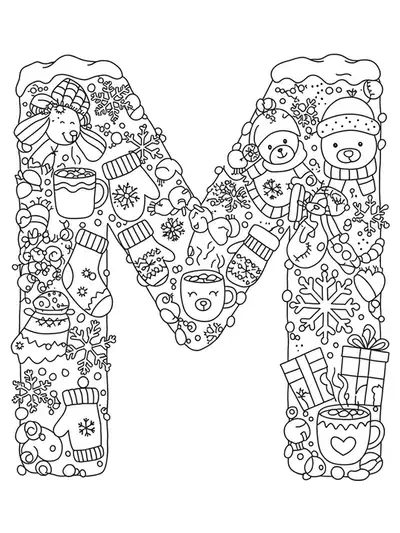 Letter M coloring page with snow, snowflakes, mittens, cocoa mugs, and animals for winter.