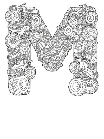 Detailed line art of monster trucks, motorcycles, and other big vehicles around a large letter M with complex machinery patterns.