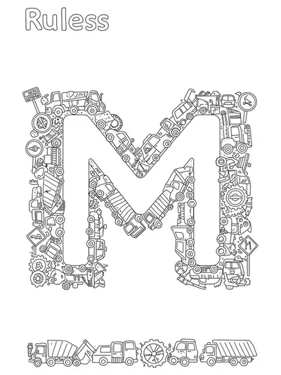 Letter M coloring page with trucks, cars, construction vehicles, and gears for a vehicle theme.
