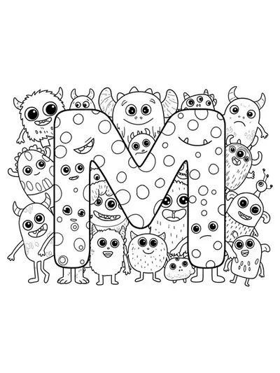 Detailed black and white drawing of several friendly monsters with unique patterns and textures, grouped around a large letter M.