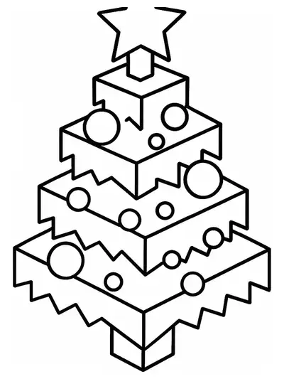 Simple Minecraft-style Christmas tree with blocky ornaments for preschool coloring.