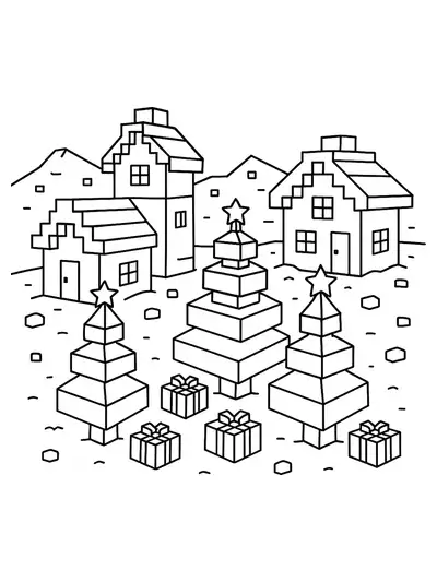 Easy Minecraft Christmas village with blocky houses, snow, Christmas trees, and presents, simple lines.