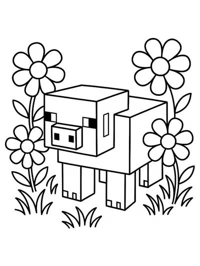 Blocky Minecraft pig standing in a garden with large flowers and grass, easy outlines.