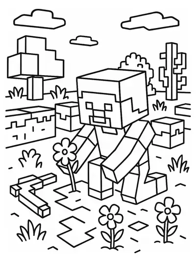 Simple Minecraft garden with character, flowers, and pickaxe, blocky plants, easy outlines.