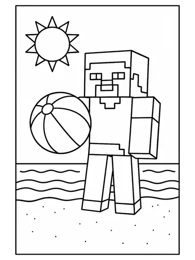 Preschool coloring page of Minecraft Steve with a beach ball on the sand and sun overhead.