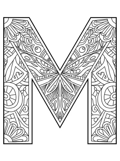 Letter M formed with abstract minimalist geometric and linear patterns, medium difficulty adult coloring page.
