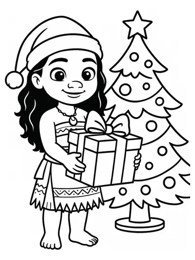 Simple coloring page of Moana wearing a Santa hat, holding a present next to a Christmas tree, easy for preschoolers.