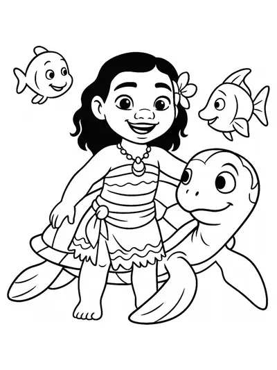 Simple coloring page of Moana with a big sea turtle and two smiling fish, easy for preschoolers.