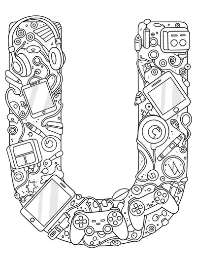 Letter U with tech gadgets like headphones, smartphone, and game controller, easy to color.