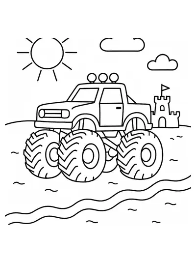 Simple line art of a monster truck driving on a beach with a sun and sandcastle, easy for preschoolers to color.