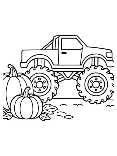 Easy autumn monster truck coloring page with pumpkins for preschoolers
