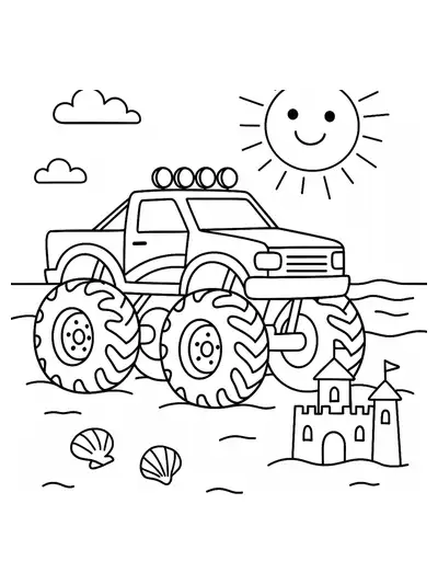 Preschool coloring page of a monster truck at the beach with seashells and sandcastle