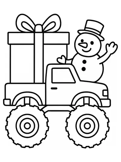 Christmas monster truck coloring page with a present and snowman for preschoolers