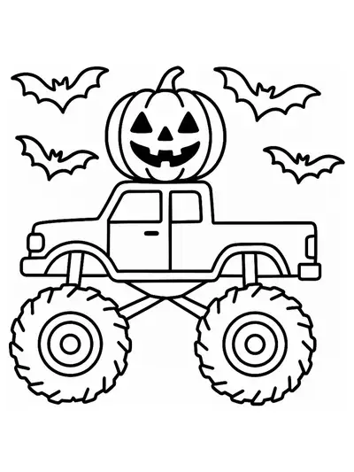 Easy outline of a monster truck with a pumpkin decoration and bats, Halloween themed, for preschoolers.