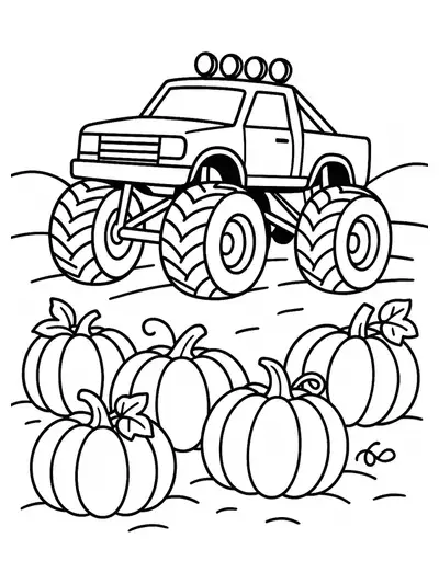 Easy coloring page of a monster truck driving through a pumpkin patch with large pumpkins around.