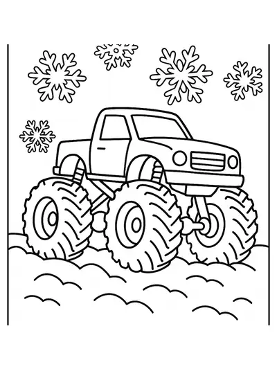 Simple drawing of a monster truck driving in the snow with snowflakes, winter scene for preschool kids.