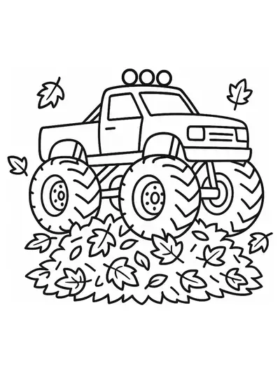 Monster truck driving through a pile of autumn leaves, simple outlines for easy coloring.