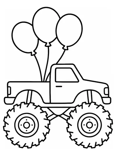 Monster truck with large birthday balloons tied to the back, simple outlines for easy coloring.