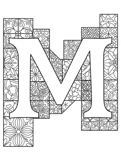 Letter M decorated with Mediterranean-style mosaic tile patterns in a medium-detailed, adult coloring page.