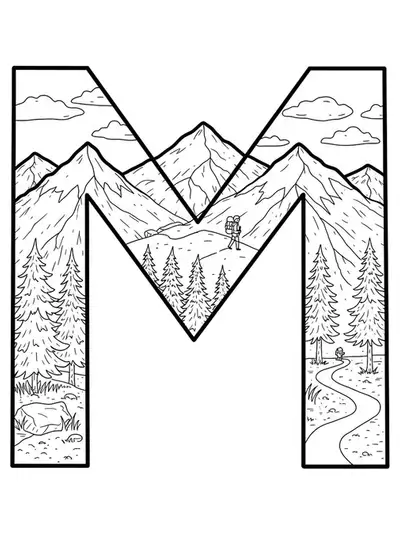 Letter M with mountain peaks, pine trees, and hiking trails in a medium-detailed adult coloring page.