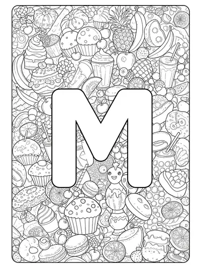 Letter M coloring page with macaroni, muffins, milkshakes, and detailed food items.