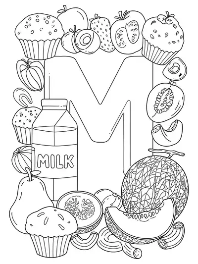 Complex line art of muffins, a glass of milk, melon slices, and macaroni arranged around a large letter M, with lots of small food details.
