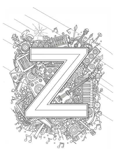 Letter Z with music festival scene, instruments and stage lights, hard coloring page for teens.