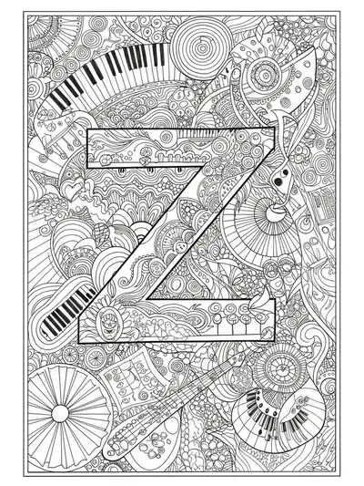 Letter Z surrounded by symbols and patterns of multiple music genres, hard coloring page for teens.