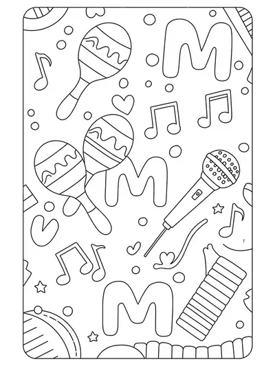 Detailed outline drawing of various musical instruments such as maracas, microphone, and notes arranged around letter M with intricate patterns.