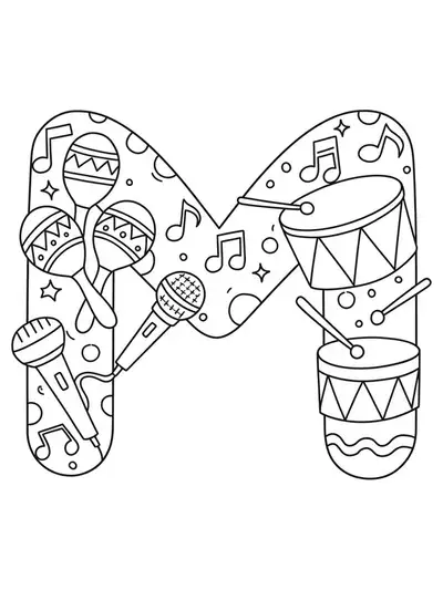 Coloring page showing the letter M with maracas, a microphone, a drum, and musical notes.