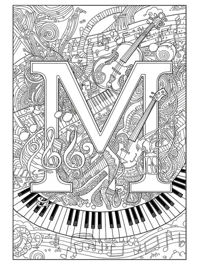 Letter M coloring page decorated with musical notes, piano keys, and instrument outlines.