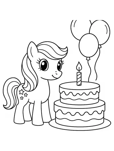 Simple outline of a My Little Pony with a big birthday cake and balloons, easy for preschool kids