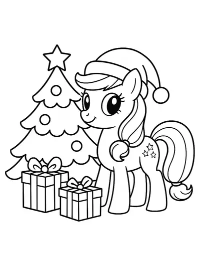 Simple line art of a My Little Pony wearing a Santa hat beside Christmas gifts and a tree, easy style