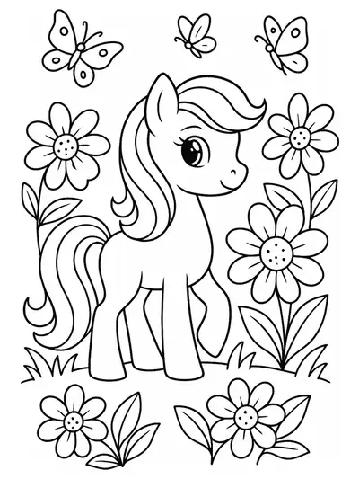Easy line drawing of a My Little Pony standing among large flowers and butterflies, simple and clear