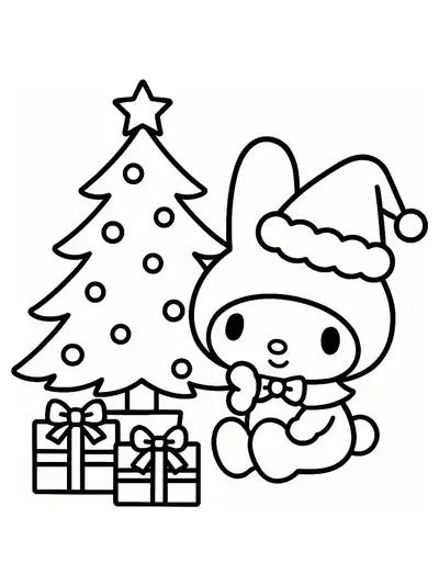 My Melody wearing a Santa hat next to a decorated Christmas tree and presents, easy coloring page