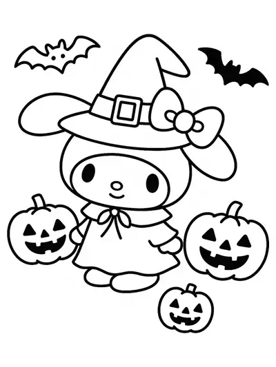 My Melody dressed in a witch costume with pumpkins and bats around her.
