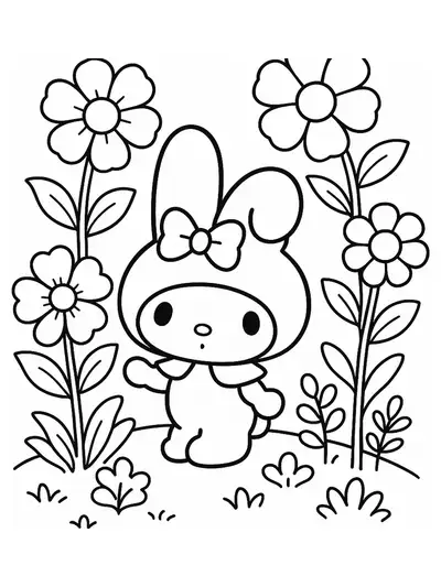 My Melody standing among big simple flowers, easy for preschoolers to color.