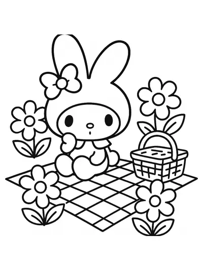 My Melody sitting on a picnic blanket surrounded by big spring flowers and a picnic basket, with simple large shapes for easy coloring.