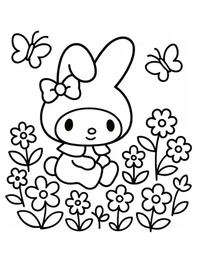 My Melody sitting in a garden with flowers and butterflies, easy coloring page