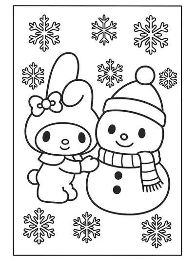 My Melody building a big snowman with a scarf and hat, surrounded by large snowflakes and snowy ground, easy to color for preschoolers.