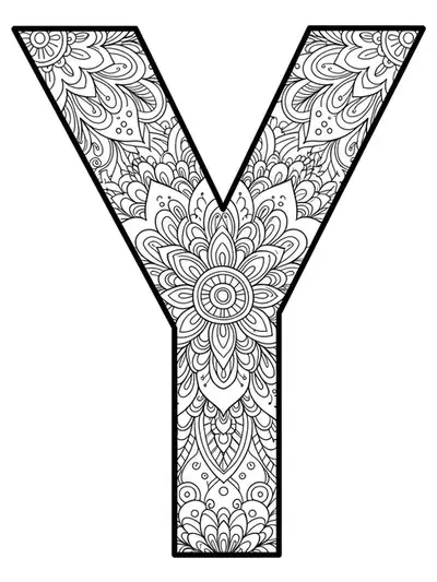Intricate mandala designs forming and surrounding the letter Y, black and white line art for adults.