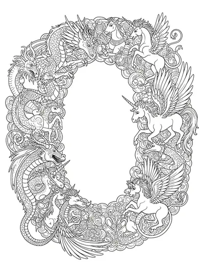 Highly detailed mythical creatures, such as dragons and unicorns, entwined around letter O, hard adult coloring page