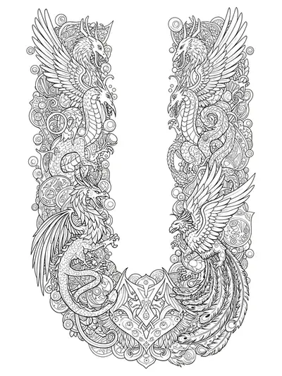 Letter U intertwined with detailed dragons, griffins, phoenix feathers, and mystical symbols for a challenging teen coloring page.