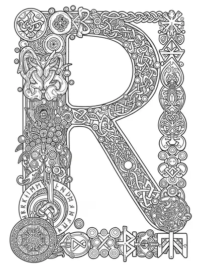 Letter R surrounded by intricate mythological runes and legendary symbols for a hard teen coloring page.