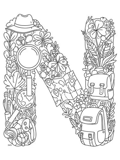 Detailed letter N surrounded by magnifying glass, bugs, plants, and exploration tools for coloring