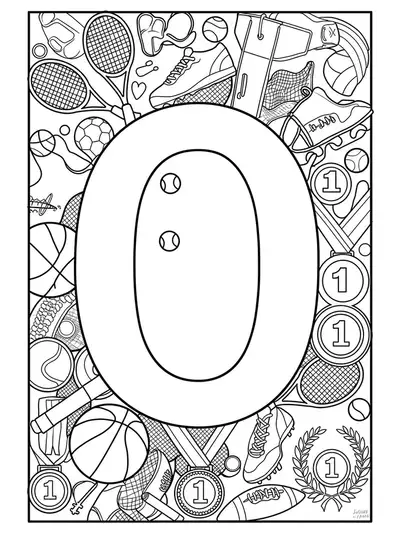 Detailed Letter O coloring page with sports equipment and Olympic-themed patterns.