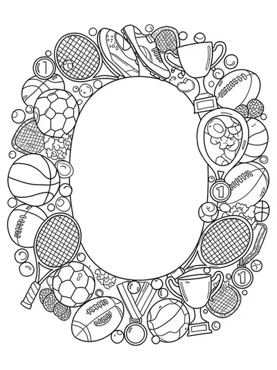 Detailed letter O with sports equipment like balls, racquets, and medals for preschool coloring.